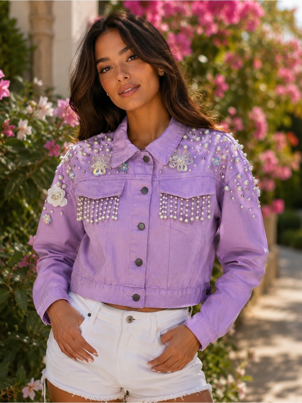 Lavender Embellished Denim Jacket - Women